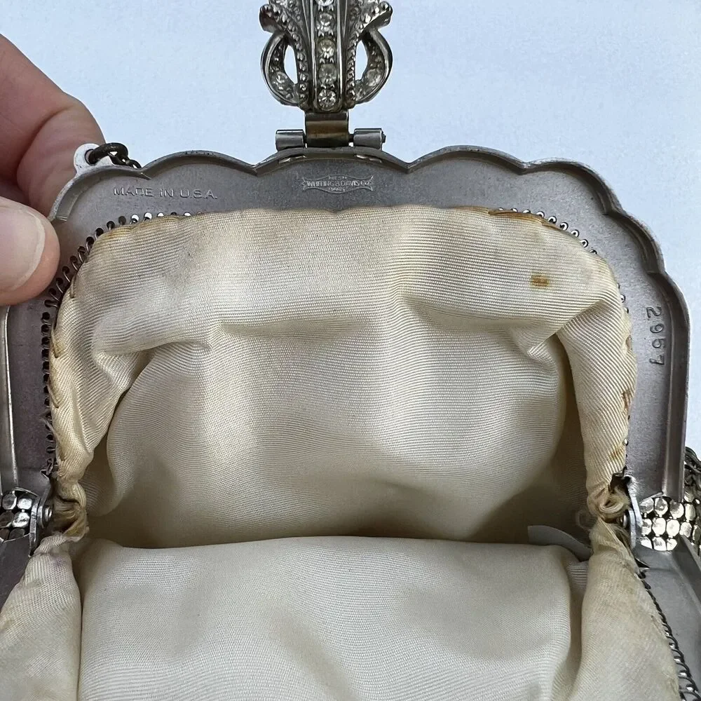 Vintage Mesh Whiting & Davis Co Silver Hand Bag Purse with Rhinestone Closure - Picture 8 of 11